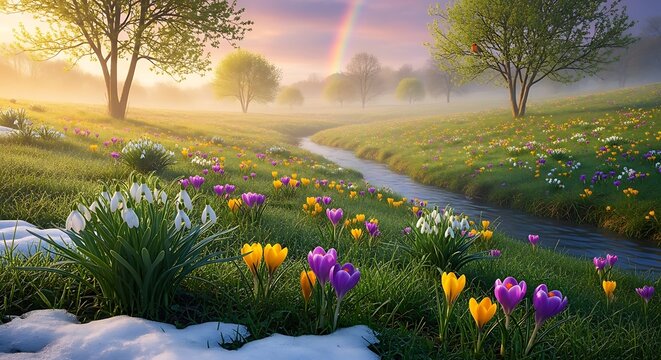 Vibrant spring meadow with blooming flowers and gentle stream under rainbow