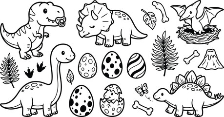 Cute baby dinosaur collection featuring various prehistoric animals, eggs, bones, and jungle plants for kids illustration. © Mst Fateha Begum