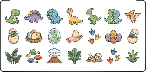 Set of cute colorful dinosaur stickers featuring prehistoric animals, eggs, volcano, and plants for kids creative design projects. © Mst Fateha Begum