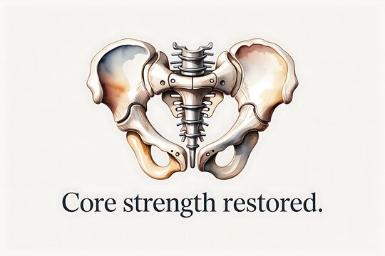 A detailed illustration of a pelvis with core strength restored showing bones