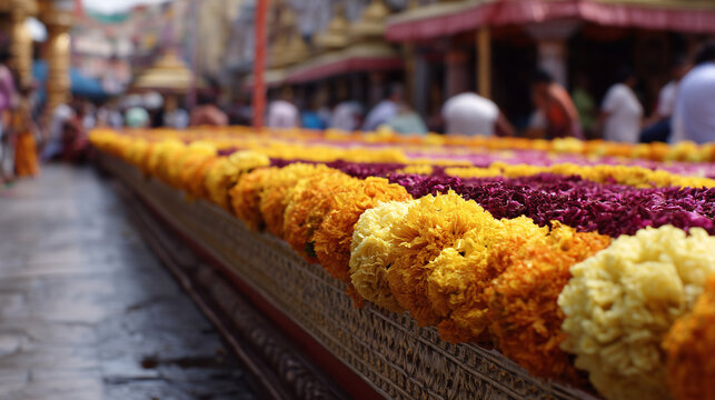 Vibrant flowers adorn Sita Navami celebrations in a bustling Indian market street