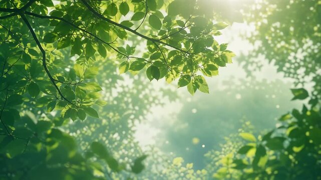 Green leaves on tree branches with sunlight filtering through