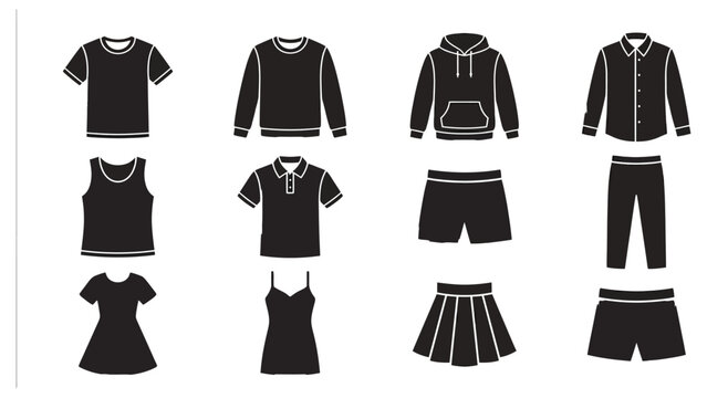 Clothing items such as shirts, hoodies, skirts, and pants are displayed as black icons.