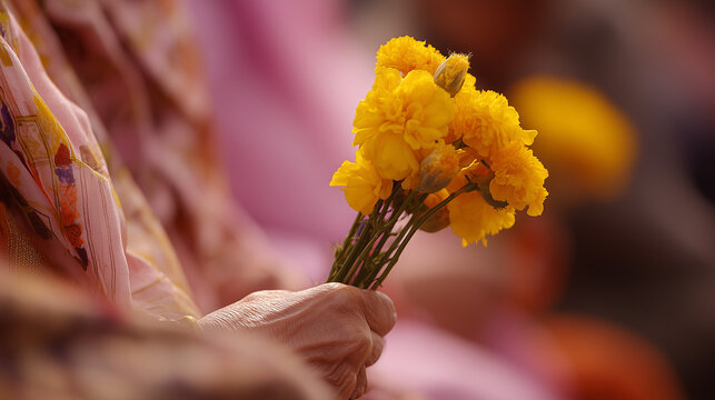 Woman holds vibrant marigold flowers on Sita Navami celebration day