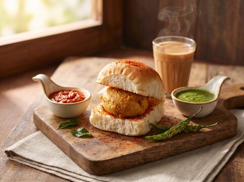 Fresh Homemade Mumbai Vada Pav Served with Masala Chai and Spicy Chutneys