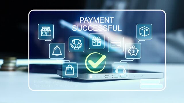 A person makes an online purchase using a smartphone. The screen displays a notification of payment success along with various icons. The setting is likely a home or office environment.