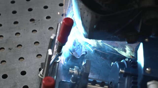 A engineer TIG welds metal structural parts, which are fixed with clamps. He wears a protective mask and gloves to avoid injury from hot sparks