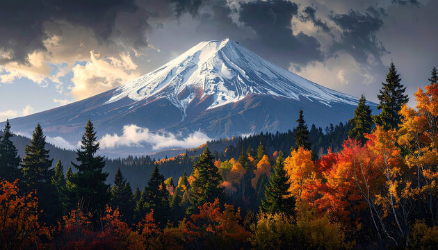 Majestic SnowCapped Mountain Surrounded by Autumn Forests