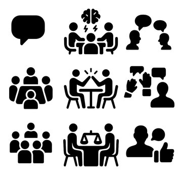 Set table vector discussion negotiation brainstorming moderator bubble icon team speech