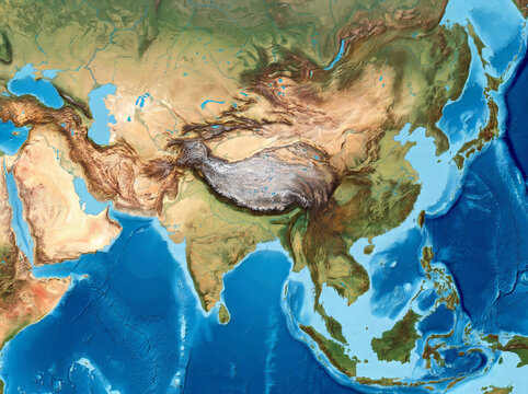 Topographic physical map of Asia showing the Tibetan Plateau and surrounding regions.