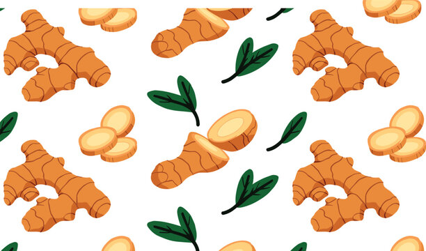 Seamless ginger pattern vector illustration with whole fresh roots slices and green leaves on white background