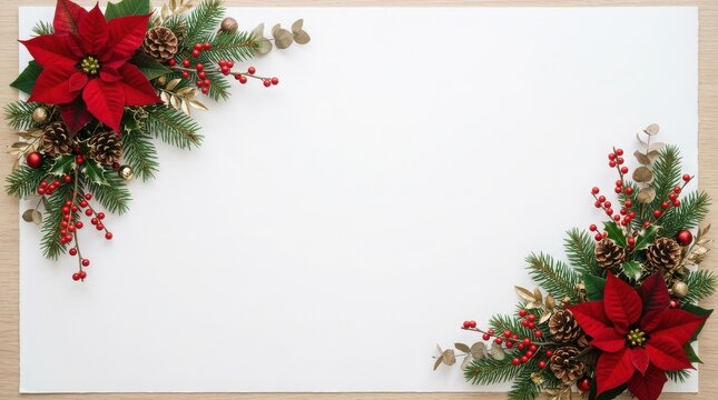 Christmas border with red poinsettias, pine branches, pinecones, and berries on white background