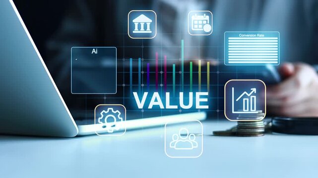 Digital tools show data related to business value and metrics for decision making in a modern work setting.