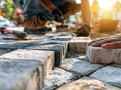 Construction worker laying interlocking stone pavers for an outdoor patio or walkway