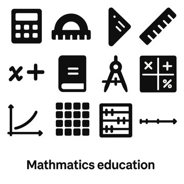 Icon calculator set multiplication vector ruler line math protractor abacus book mathematics