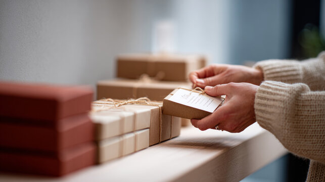 Hands tying string on small gift box