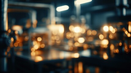 Fototapeta premium Blurred Industrial Factory Interior with Warm Bokeh Lights and Dark Blue Hues
