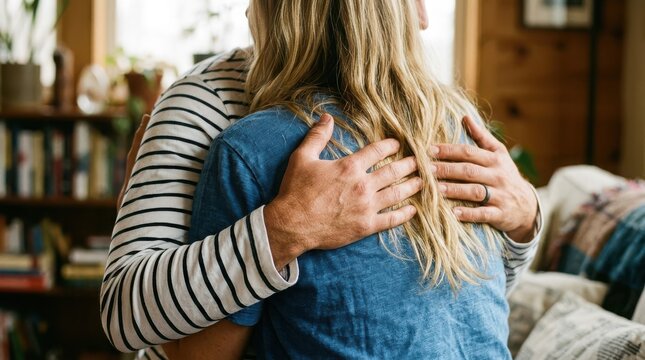 Close-up of a person hugging another person, wearing a striped shirt and a blue t-shirt