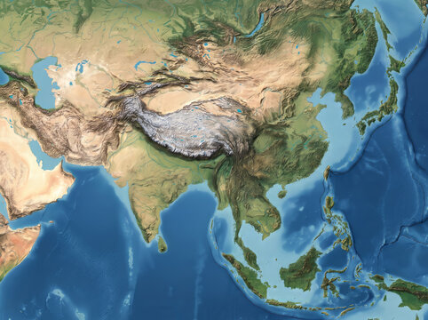 Topographic relief map of Asia showing Tibetan Plateau India and China.