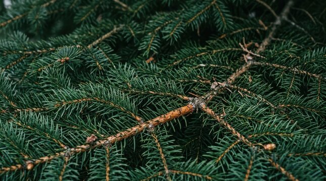 Close-up view of dark green pine tree needles and brown woody branches in a forest setting