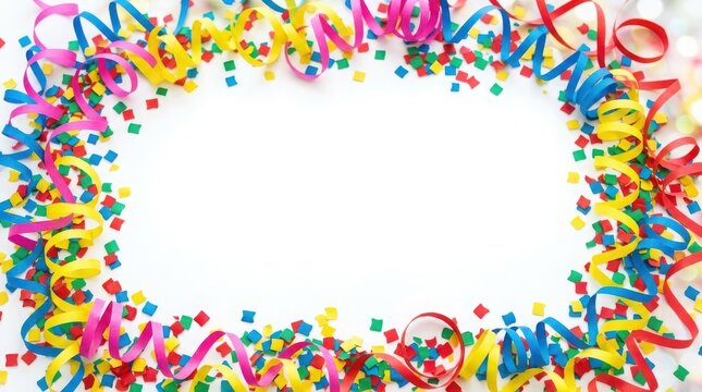 Colorful party streamers and multicolored confetti border on a white background, view