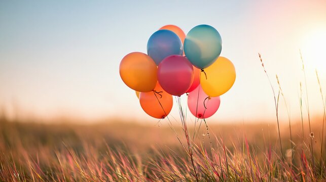 Vibrant Bunch of Colorful Balloons Floating Freely in a Sunlit Meadow at Golden Hour