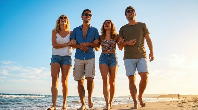 Four young friends walking together along the sandy beach shoreline during a sunny afternoon