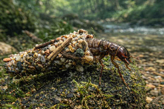 Macro shot of a caddisfly larva in its protective underwater case made of sand and pebbles