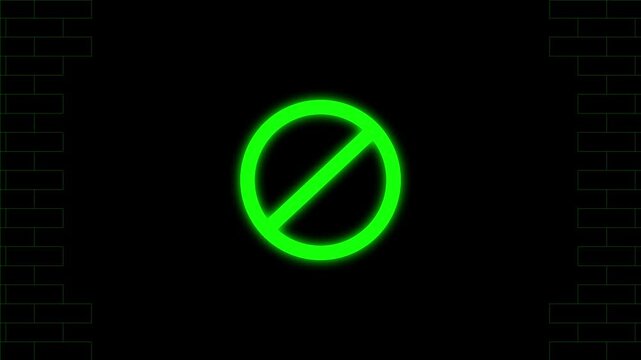 Vibrant green neon prohibition sign centered on a dark black brick wall background for digital warning and restricted access concepts and signage
