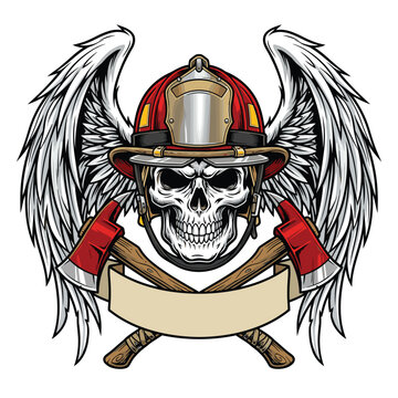 vector image of a winged skull wearing a firefighter helmet