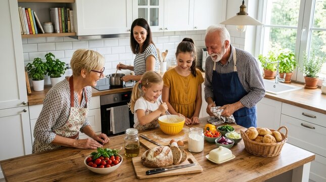Multigenerational family cooking together in a bright kitchen, preparing food on wooden table