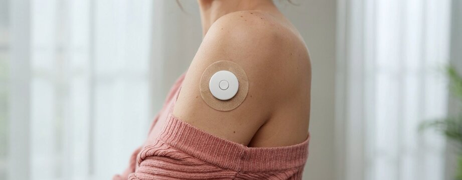 diabetes sensor patch worn on a woman's arm for daily blood sugar measurement and health care.