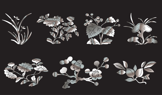Traditional Korean Mother of Pearl Lacquerware Style Botanical Illustration, Vector