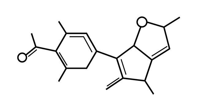 Chemical structure of organic molecule with fused rings and ketone group