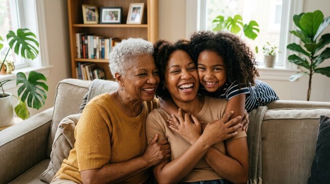 Three generations of african american women smiling and embracing on a living room sofa