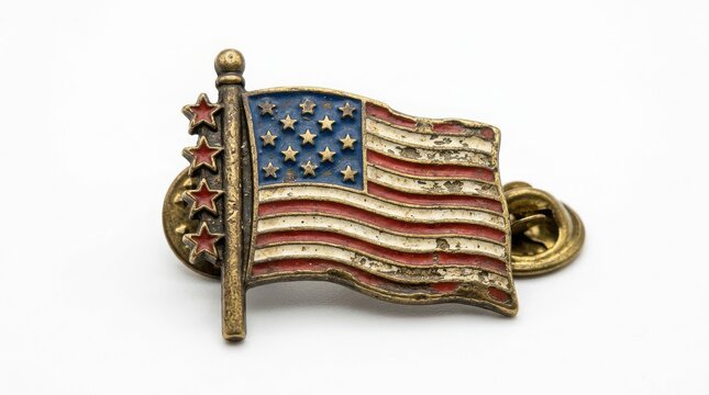 Vintage metal lapel pin featuring an american flag and four red stars on a flagpole