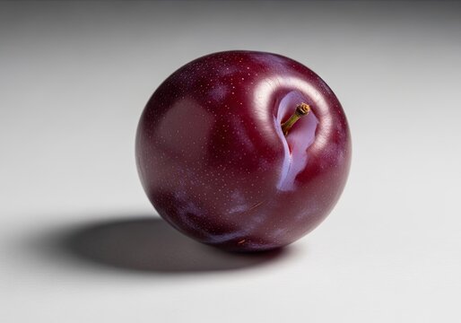 Single ripe red plum on white background.