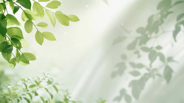 Fresh green leaves on branches with soft light and shadows in the background