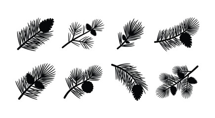Evergreen pine branch and fir cone silhouette vector set isolated on white background. Black winter spruce twig icons, coniferous cedar needles, and christmas forest decorations. © selena
