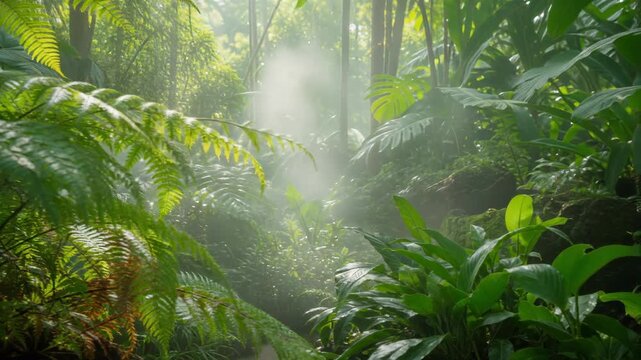 Lush green tropical rainforest with mist and sunlight filtering through trees