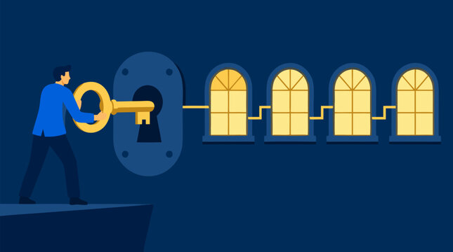 Visionary leader turning a giant golden key to illuminate linked windows in the dark, unlocking opportunities, business strategy, innovation pathway, progress and growth success vector illustration