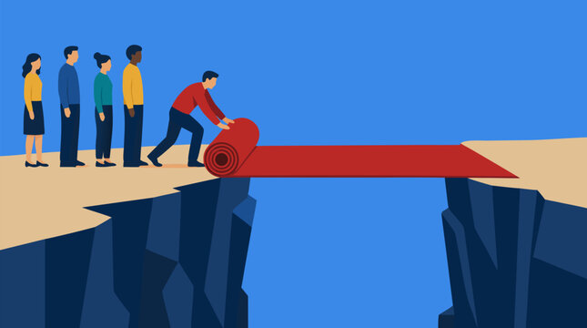Visionary leader unrolling a red carpet bridge across a deep canyon while a team waits behind, bold vector business metaphor for guidance, courage, opportunity, teamwork and overcoming obstacles
