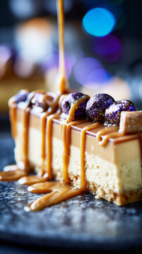 A caramel cake sits on a plate. Syrup is poured over the cake. Edible flowers are placed on top. The scene takes place in a cafe during daytime