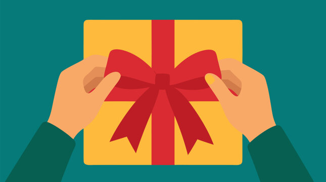 Hands tying a bold red bow on a golden wrapped present against a teal background, festive gift giving vector illustration for holidays, birthdays, surprises, celebration and cheerful packaging
