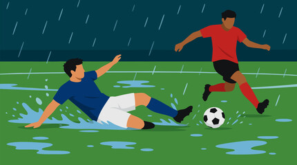 Naklejka premium Dynamic soccer vector illustration of player sliding on rain soaked green turf to intercept a pass, splashing puddles under stadium rain, competitive football action for sports graphics and posters