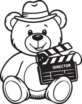 A charming teddy bear dressed in a fedora hat, holding a director's clapperboard, depicted in a playful, stylized illustration perfect for creative projects.