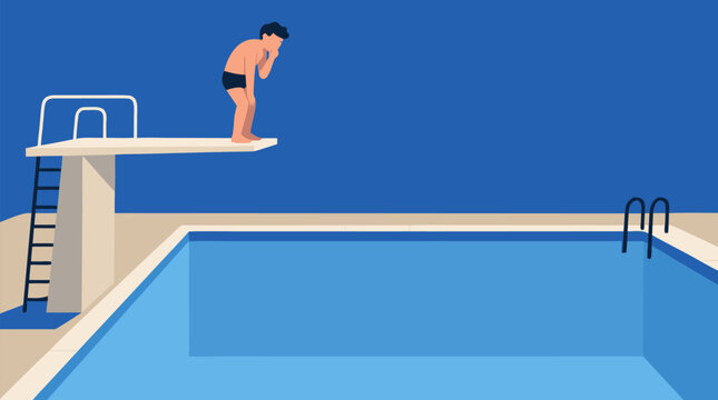 Nervous diver crouching on a high springboard above a nearly empty blue swimming pool, minimalist aquatic scene capturing fear, hesitation, courage and the tense moment before a risky leap