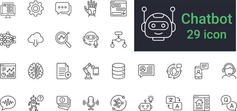 Chatbot and artificial intelligence line icons set representing digital customer support.