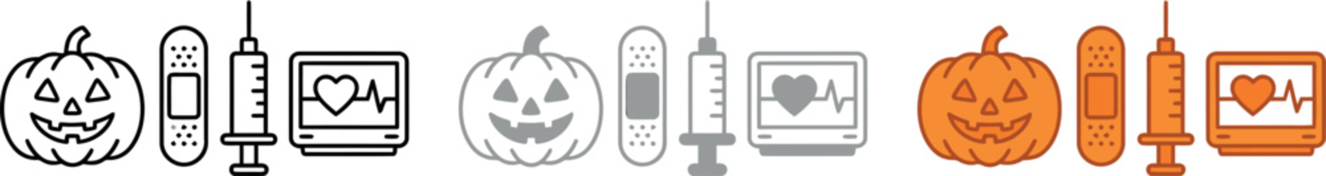 Halloween medical icons set with pumpkin bandage syringe and heart monitor