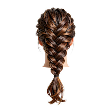 Back view of a brunette woman with a fishtail braid against white background